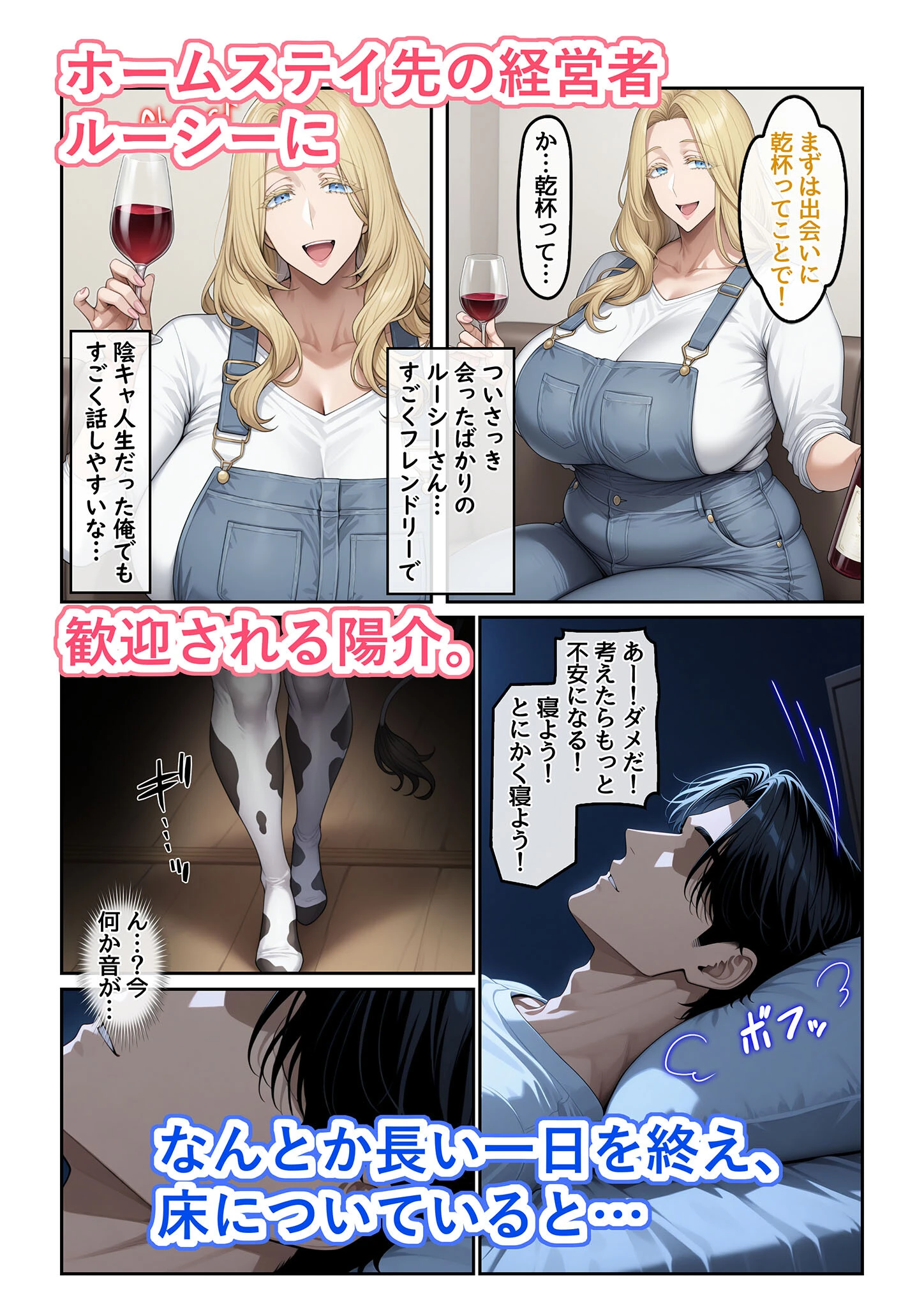 ホームステイ先の爆乳ブロンド美女に雌牛コスで誘惑されてイチャラブ種付け生活1 モザイク版 4ページ